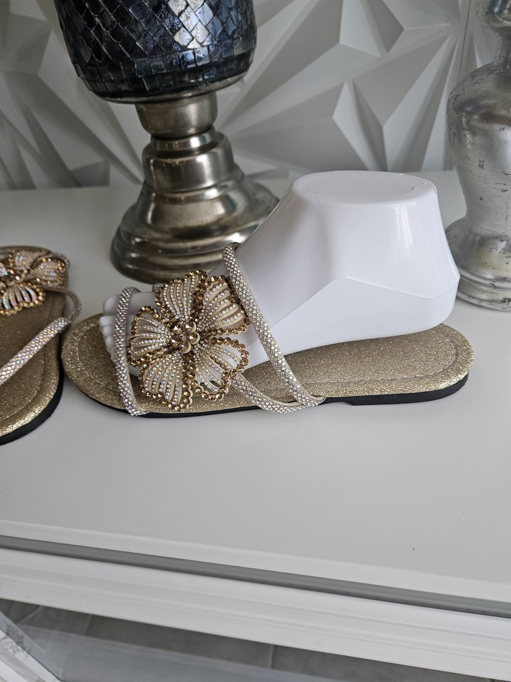 Women's Gold Beaded Floral Slide Sandals